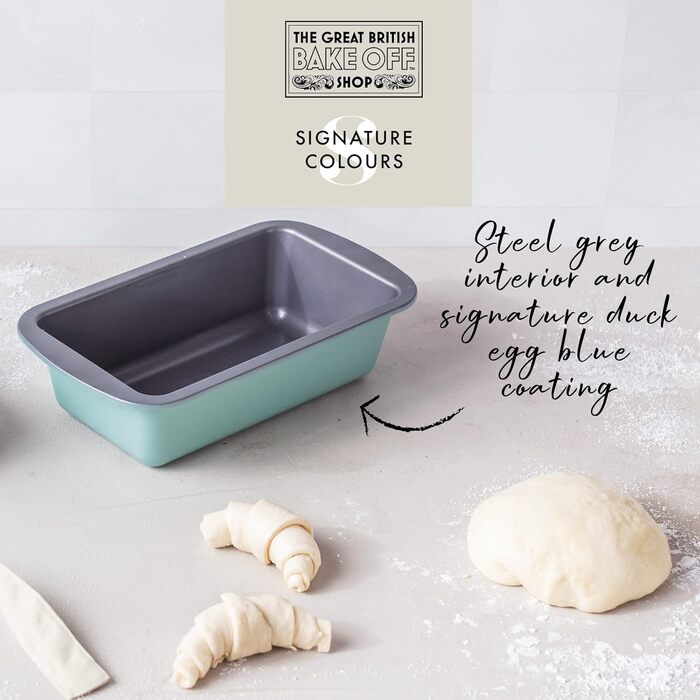 The Great British Bake Off Loaf Tin for Baking, 900g Capacity, for Bananas, White and Seeded Breads, Official GBBO Logo, Non-Stick Carbon Steel, Delicate Egg Blue, 23 x 13 x 7 cm