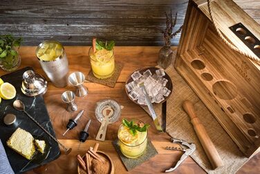 Набір бармена Mixology з підставкою та 25 рецептами коктейлів, сріблястий, в дерев'яній коробці - професійний набір для приготування коктейлів