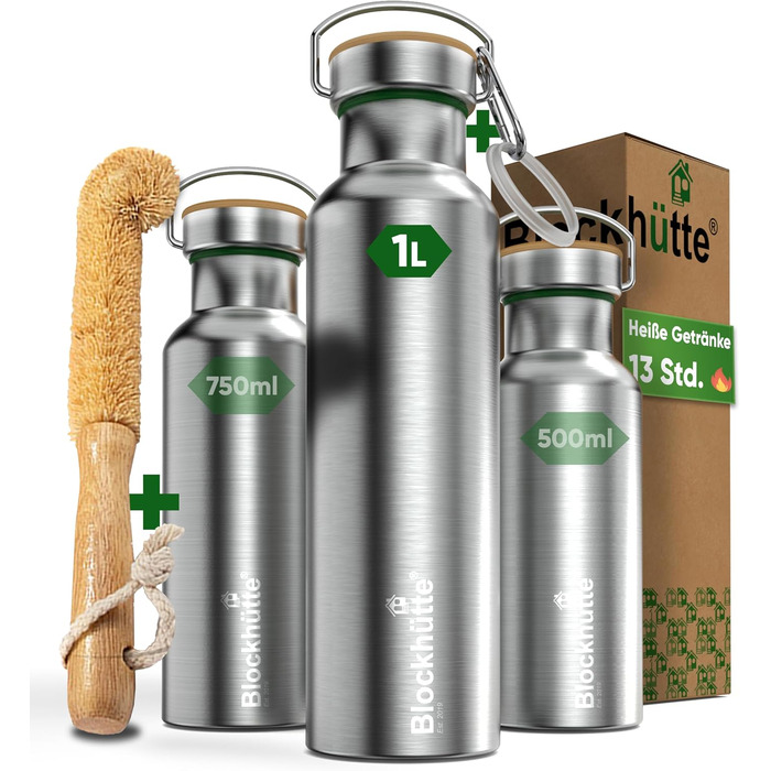 Blockhut Premium Stainless Steel Insulated Water Bottle | 1L | with Natural Bristle Brush | Insulated, Leak-Proof Bottle | Insulated Flask Dishwasher-Safe for University, Office | BPA Free