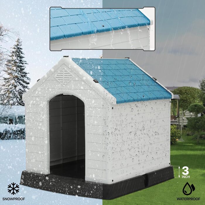 MoNiBloom Будка для собак: ізольована, водонепроникна, для будь-яких розмірів, з вентиляцією та піднятим дном, для дому та вулиці, пластик, легка збірка