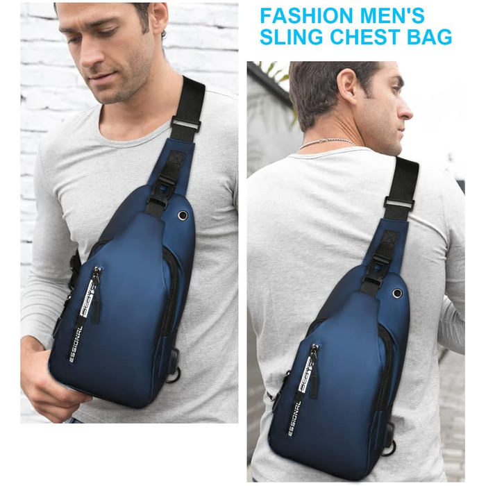Чоловіча нагрудна сумка через плече, Oxford-тканина, USB-порт для зарядки, водонепроникна, для спорту, роботи, велосипеда, подорожей (Синій #4)