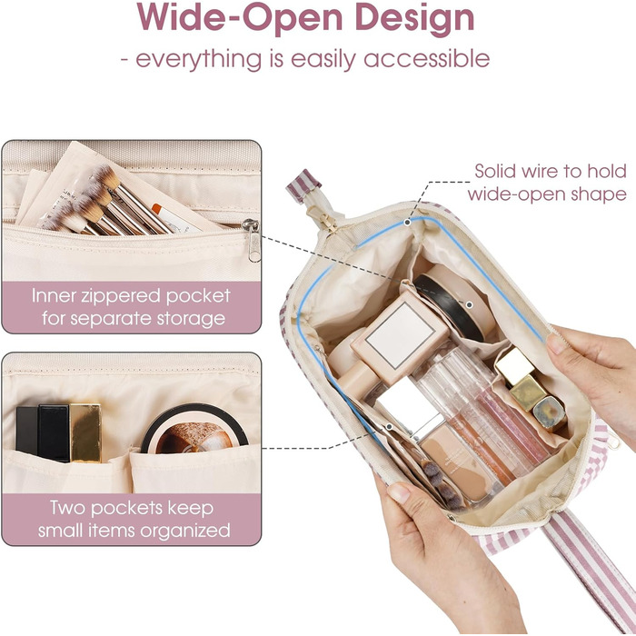 Косметичка жіноча Narwey для подорожей: зручна та містка сумка для косметики та аксесуарів (сіро-блакитний, рожеві смуги)