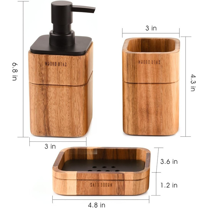 Набір аксесуарів для ванної кімнати 3 шт. з акації (мильниця, дозатор мила, стаканчик), декор для ванної кімнати