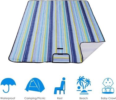 Плед для пікніка LIVEHITOP водонепроникний XXL 150x200 см, синій в смужку – для пляжу, кемпінгу, парку, барбекю