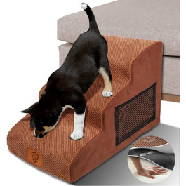 Calling Dog Stairs, Dog Stairs for Small Dogs, Waterproof Dog Stairs 40 cm High, Injury Prevention High-Quality Sponge Cat Stairs, Non-Slip Washable Dog Ramp for Sofa Bed Car (3-Step Dog Stairs, Brown)