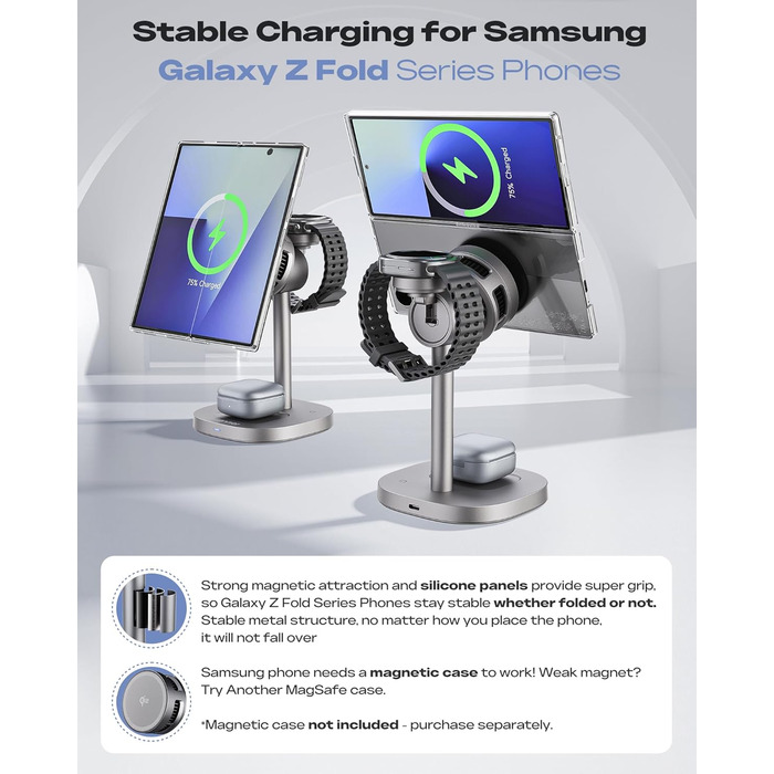 Бездротовий зарядний пристрій 3-в-1 Samsung 15W з охолодженням TEC, MagSafe для Galaxy S26 Ultra/S25/S24/Z Fold 7/Flip7, Watch Ultra/8/7, Buds4pro (Титан Золото)
