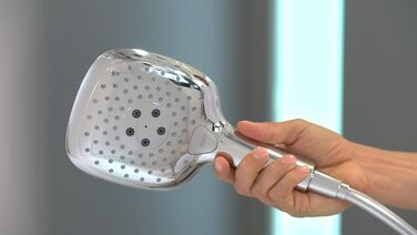 Hansgrohe Raindance Select E Showerhead, Hand Shower with 3 Spray Patterns, Square Showerhead (150 x 150 mm), Showerhead with Anti-Limescale Function, Chrome, 26550000