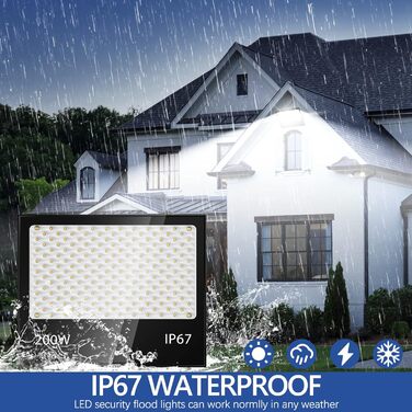 200W LED Floodlight Outdoor, 20000LM LED Spotlight, 7000K Cool White Spotlight, IP67 Waterproof Floodlight, for Backyard, Courtyards, Garage, Hallway, Garden