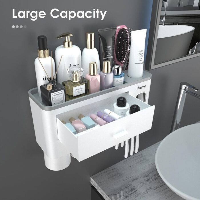 I have a bathroom toothbrush holder, 3-cup toothbrush holder with toothpaste dispenser, bathroom accessories with large storage space, cosmetic drawer, white