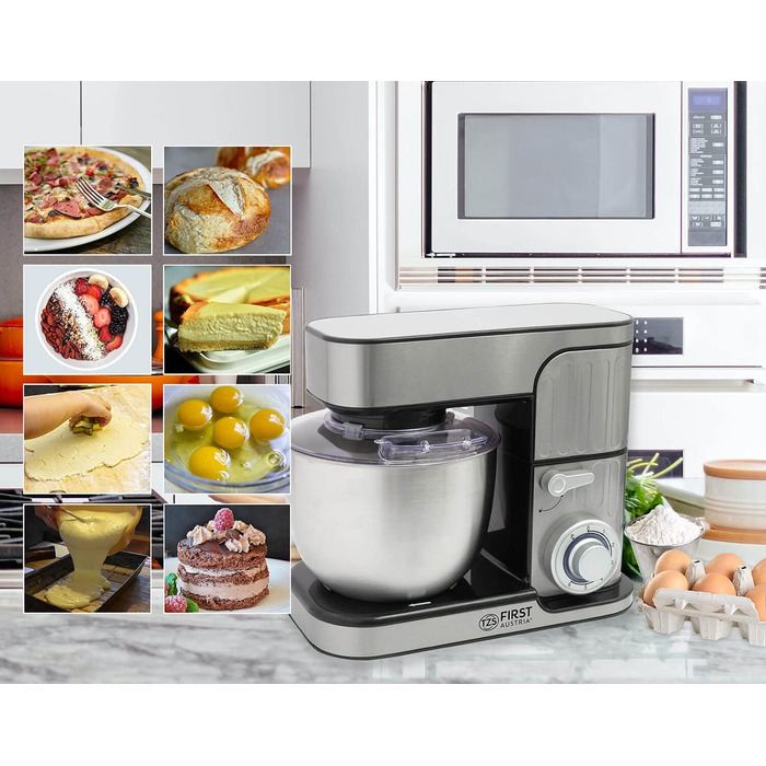 Кухонна машина TZS First Austria Profi Küchenmaschine 1300 Вт, 5 л, 6 швидкостей, з функцією замішування тіста, стаціонарна, нержавіюча сталь