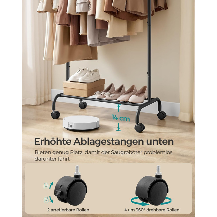 SONGMICS Clothes Rack with Wheels, Extendable Clothes Rod, Garment Rack made of Steel Pipes, Elevated Storage Rod, 40 x (83-120) x 156 cm, Cloud White HSR134W01 (Ink Black)