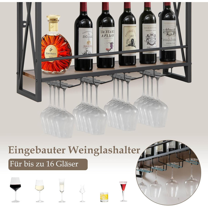 Стеллаж для вина COSTWAY на 3 яруси з дерева та металу, з тримачами для 4 рядів келихів, індустріальний дизайн, для дому, бару, кухні, ресторану