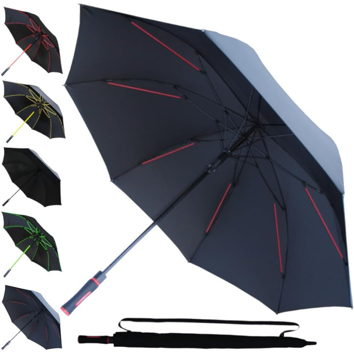 COLLAR AND CUFFS XL Golf Umbrella - Windproof, Fiberglass Ribs - Red & Black - Automatic Open/Close - 154cm