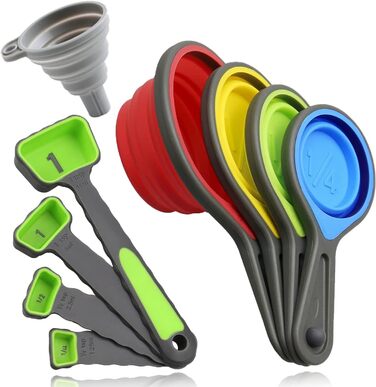leepiya Measuring Cup and Spoon Set, Folding Measuring Cups, 8-Piece Measuring Tool, Engraved Metric / US Markings for Liquid and Dry Measurement, Space-Saving, BPA-Free Silicone