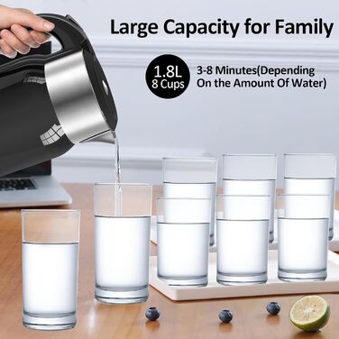 Navie Mobi Stainless Steel Electric Kettle - 1.8L, 2200W Fast Boil, BPA Free, Double Wall, Drip-Free, Auto Shutoff, Quiet & Cordless, SGS Certified, Turquoise Green (Black)