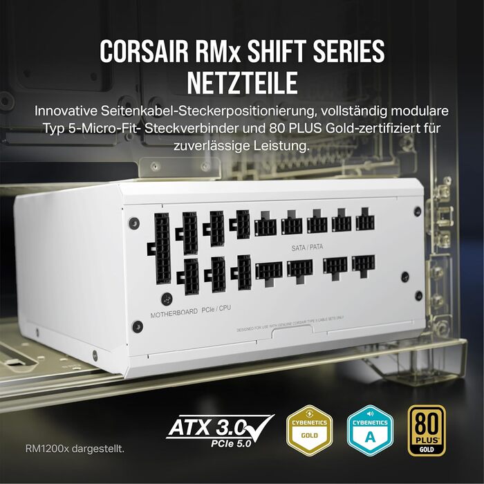 Блок живлення Corsair RM1000x Shift 1000W White, ATX 3.1 & PCIe 5.1, 80 Plus Gold, повністю модульний, бічний інтерфейс підключення, Zero RPM