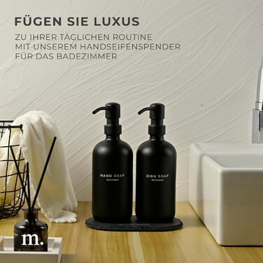 MaisoNovo Soap Dispenser Set - Soap Dispenser Kitchen - 500 ml Amber Bottles, Black Pumps, Glass Pump Dispenser, Soap Dispenser Set, 2-Piece Set and Concrete Tray - Dish Soap Dispenser Kitchen (Black Glass / Black Pump + Slate Tray)