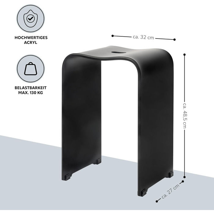 Bremermann Bath Stool, Acrylic Shower Stool, approx. 33 x 27.5 x 48 cm (W/D/H), with handle recess, ergonomically shaped, maximum load capacity 130 kg (matte black)