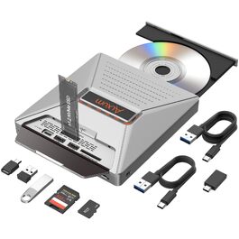 Зовнішній DVD-привід Alxum USB-C 3.0 з картридером SD/TF та додатковим USB-портом для ноутбука, DVD/CD запис та читання, Plug & Play, сірий
