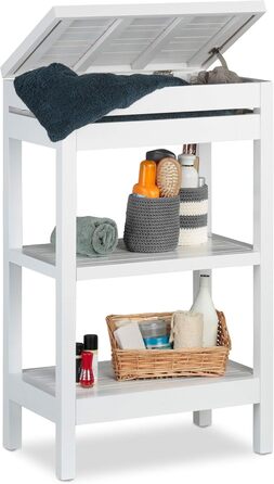 Relaxdays Bamboo Shelf, Standing Shelf with 3 Shelves, HxWxD: 76.5 x 46 x 29.5 cm, Compartment with Flap, Open, Kitchen & Bathroom, (White)