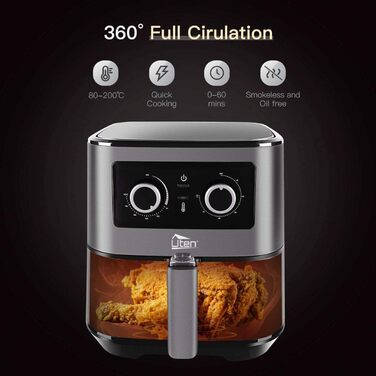 Фритюрниця без олії Uten 5.5L XXL, 1700W, таймер, антипригарне покриття, для 2-8 осіб, темно-сіра