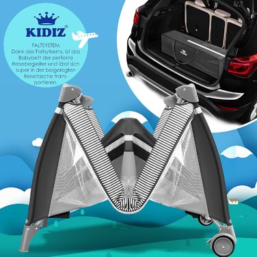 Kidiz® Baby Bed 3 in 1 Travel Bed Combo Set Baby Bed with Changing Pad Mosquito Net Playard Baby from Birth to 15 kg Airy Side Walls with Side Entrance Carry Bag Foldable, Grey