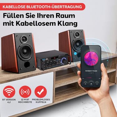 Pyle підсилювач 200Вт, стерео Bluetooth, 2-канальний, RCA, USB, SD, MIC, FM-радіо, регулювання басу та високих, для дому, авто, студії, домашнього кінотеатру
