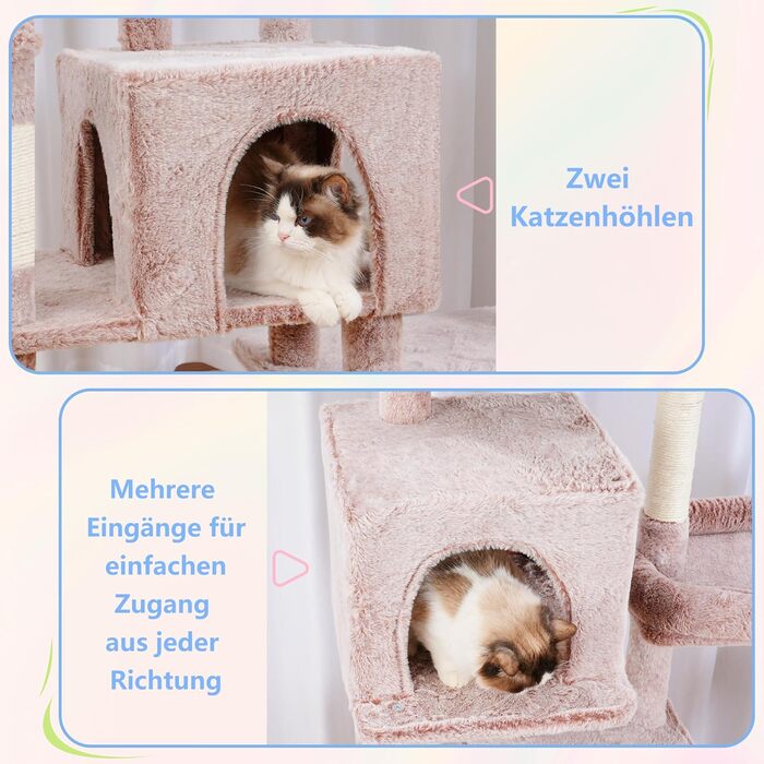 Котячий будиночок Hey-brother XXL для великих котів, 180 см, стабільний, з 3 платформами, 3 ховалами та 2 котячими будиночками, бежевий, EMPJ038MU