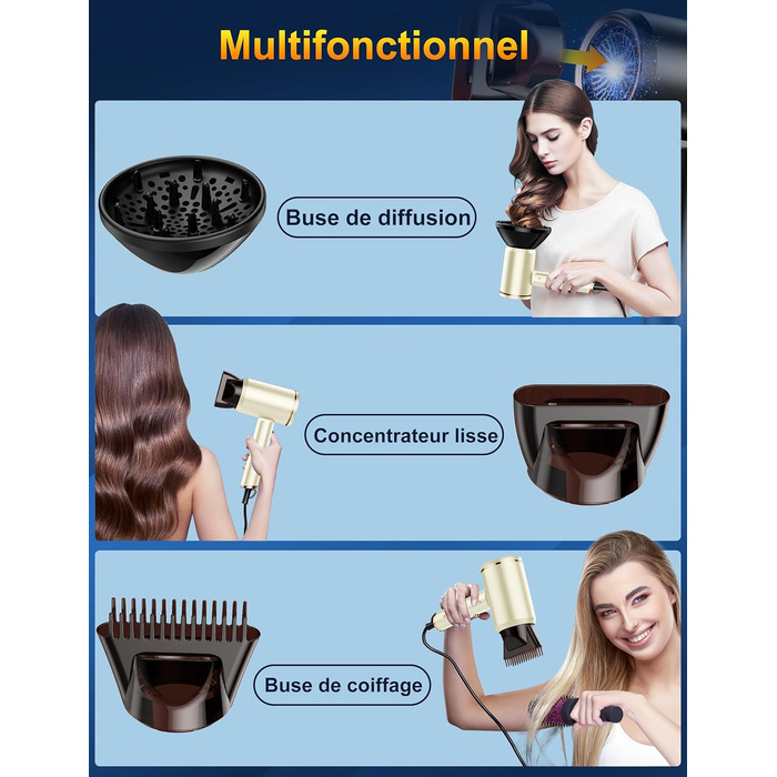 Професійний фен 2400W з іонізацією, складний, для подорожей, з насадкою-дифузором та чохлом (Бежевий)