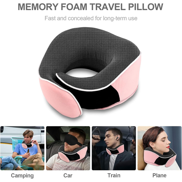 Подушка для шиї з Memory Foam, комплект з маскою для очей, навушниками та чохлом, ергономічна, для подорожей (рожева)