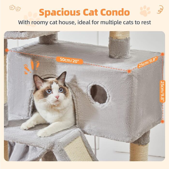 Кігтеточка для котів Taoqimiao MS026W 146 см - велика, стабільна, з 2 будиночками, гамаком, корзиною та 8 кігтеточками (світло-сірий)