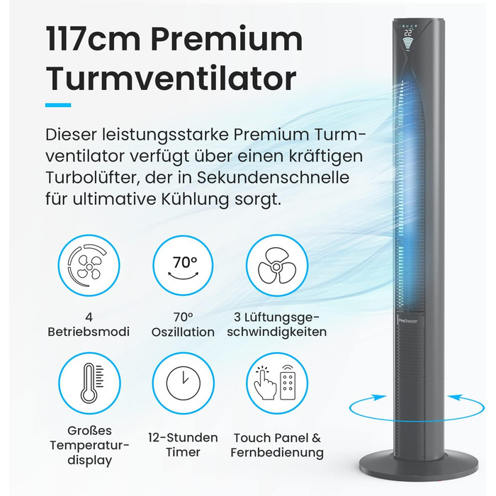 Турбовентилятор Pro Breeze з пультом керування, 70° осциляція, 3 режими, таймер 14 годин, 45W, 117см, 4 режими, режим сну - чорний