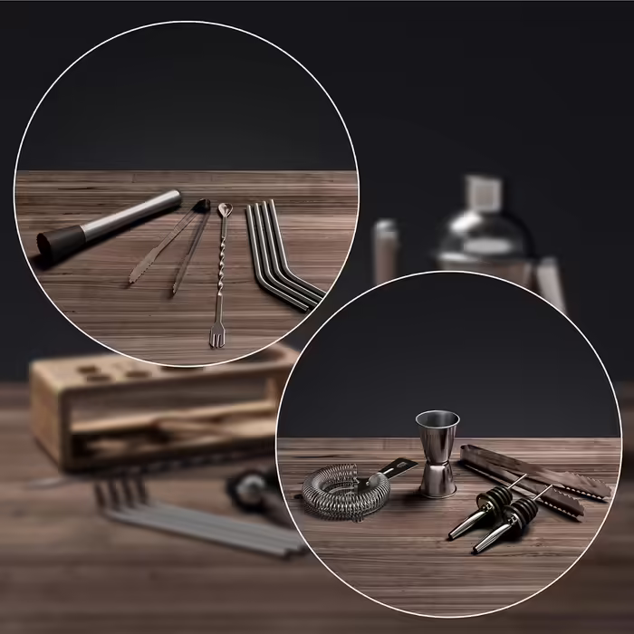 Cocktail Shaker Set with Stand & Recipe Book: Premium Stainless Steel Bar Cocktail Set, Cocktail Shaker, Measuring Jigger, Straws, Bar Spoon, Muddler | Bartender Bar Set Cocktail Accessories Gift for Women Men