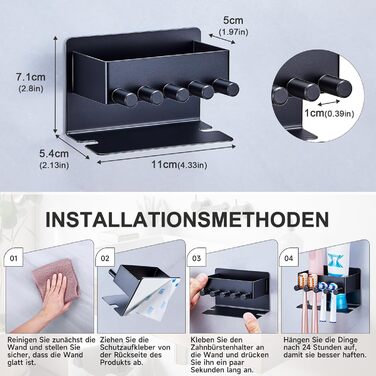 Настінний тримач для зубних щіток GGQ, для електричних та звичайних щіток, без свердління, самоклеючий, з органайзером для пасти, чорний