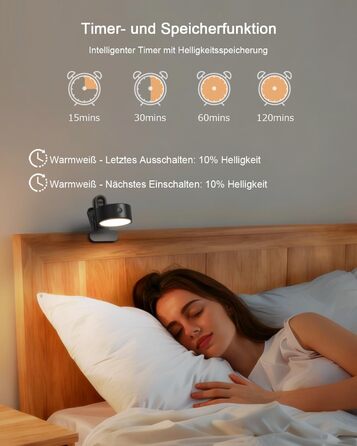 Нічник на ліжко акумуляторний бездротовий з USB-C, 5000mAh, з кліпсою, димуючий сенсорний пульт, 3 кольори, поворотний на 360°, для спальні, кемпінгу, чорний