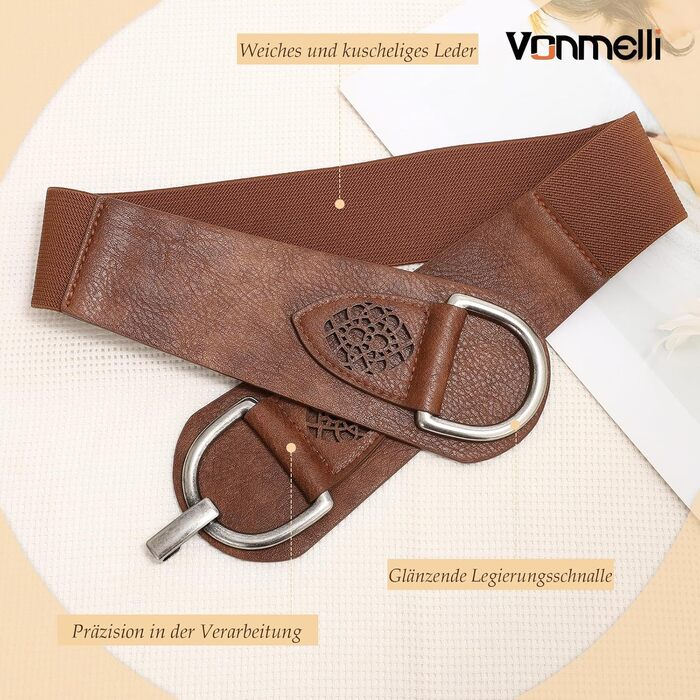 Жіночий ремінь VONMELLI Vintage з широкою пряжкою, еластичний, для суконь та пальто, колір кава, розмір M (84-94 см)
