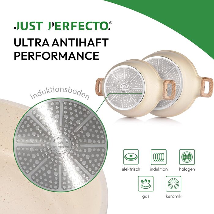 JUST PERFECTO Cookware Set Induction - Frying Pan Set with Lid - Induction Pots Set - Cookware Set without PTFE and PFOA - Induction Cookware Set (15-Piece Beige)