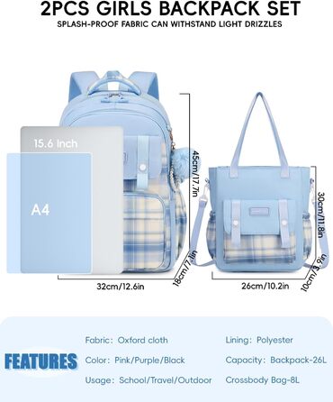 Шкільний рюкзак Tanou для дівчаток-підлітків, великий набір з сумкою через плече, в клітинку, 26L, блакитний