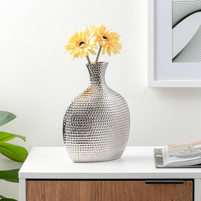 Torre & Tagus Helio Hammered Ceramic Vase - Tall Silver Finish