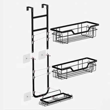 Поличка для душу без свердління, чорна, настінна, для скляних дверей, з 3 кошиками для шампуню та гелю для душу, стильна модель A