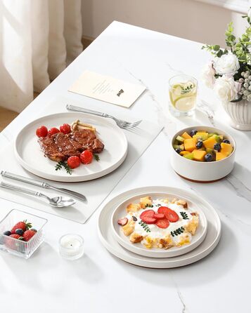 Набір посуду MALACASA з каменю (18 предметів) для 6 осіб, керамічний сервіз з глазур'ю 'сезам', білий з коричневим дном, набір тарілок та мисок