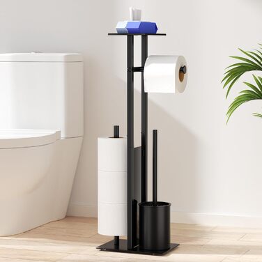 Stainless Steel Toilet Paper Holder with Brush - Standing Toilet Paper Roll Holder with Tray and Glass Shelf (Matte Black)