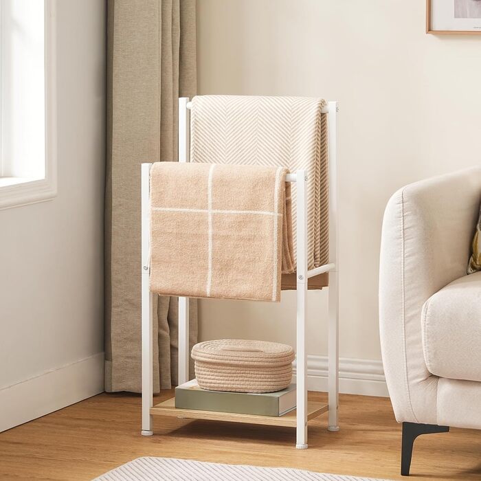 HOOBRO Тримач для рушників, стійка для рушників, мотузка для сушіння, 2 перекладини, для рушників, одягу, ковдр, газет, економія місця, стабільна, білий та натуральний колір