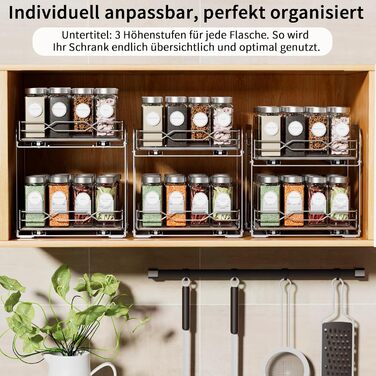 Висувна полиця для спецій з нержавіючої сталі, органайзер для спецій, 2 яруси, регульована висота, кухонний органайзер, система полиць для спецій для кухонної шафи, стояча полиця для спецій для внутрішньої частини шафи