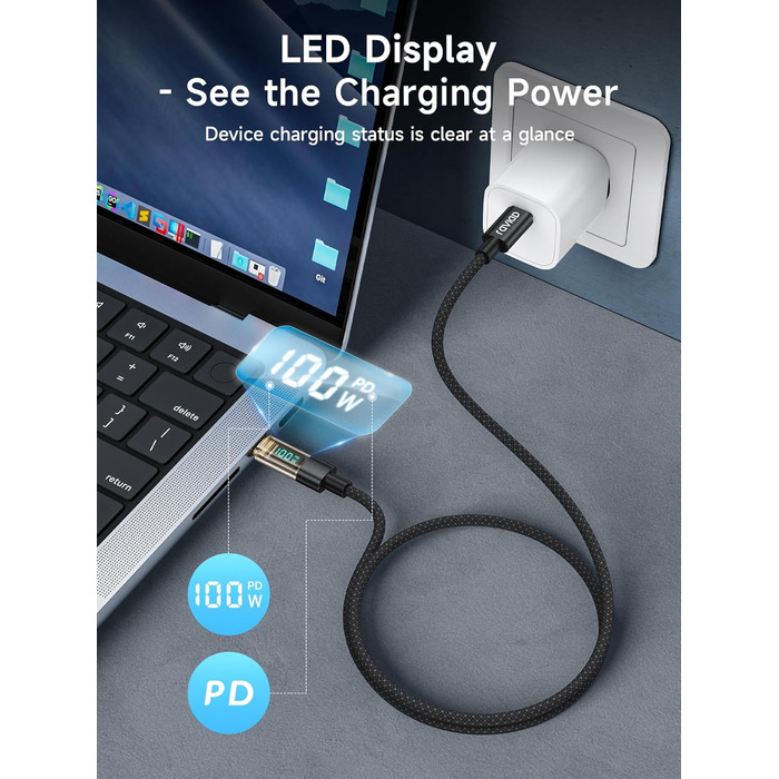 Кабель USB-C RAVIAD з підтримкою PD3.1: швидка зарядка, нейлон, 0.3м, 100W, чорний. Сумісний з iPhone, Galaxy, Pixel, iPad, MacBookAir