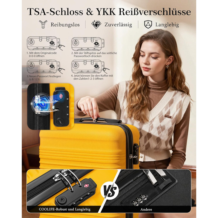 Набір валіз COOLIFE для ручної поклажі (55x35x20cm + 40x25x20cm) з TSA замком, 4 колеса, ABS, жовто-чорний колір