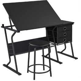 Yaheetech Kids Art Desk Set with Tiltable Tabletop, Side Table with 3 Drawers, Round Chair, and Storage Shelf for Writing, Reading, Painting, and Drawing