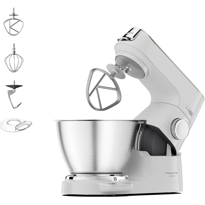Кухонна машина Kenwood Titanium Chef Baker KVC65.001WH з вбудованими вагами, 1200 Вт, 3 насадки для кондитерських виробів, лопатка та захист від бризок, біла