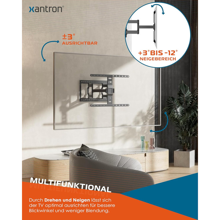 Настінний кріплення для телевізора Xantron Slim Fit, поворотний, з аксесуарами - відстань від стіни 27 мм, 43-90 дюймів, VESA до 600x400, до 75 кг - SLIMLINE-466US