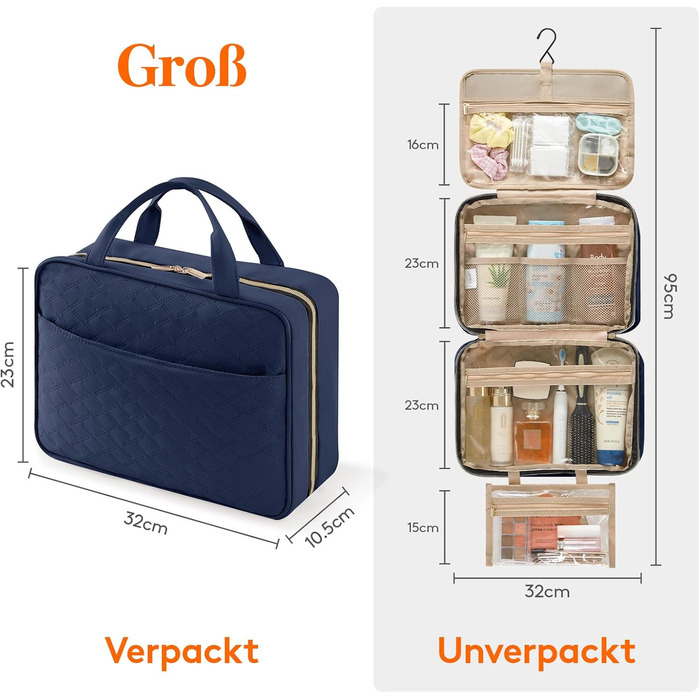 Сумка для косметики та туалетних аксесуарів Lifewit для подорожей, велика органайзер з гачком, прозора кишеня для гігієнічних засобів, темно-синій, L
